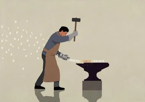 Blacksmith hammering binary code over anvil Stockillustratie