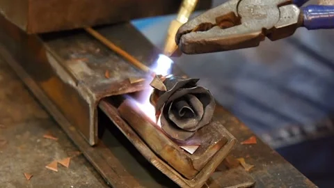 The blacksmith makes a metal rose. Melts a flower petal. Pliers bends the sheet. Video stock 99833882