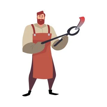 Blacksmith man holds forceps with hot iron piece, vector cartoon professional Stock Illustration