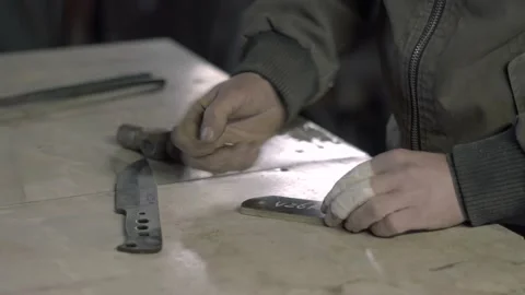 Blacksmith Preparing Wooden Knife Handle Stock Footage 139581120