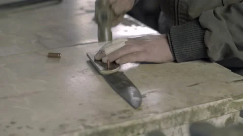 Blacksmith Preparing Wooden Knife Handle Stock Footage 139581453