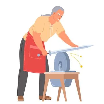 Blacksmith sharpening sword on grind stone at workshop Stock Illustration