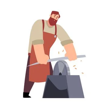 Blacksmith sharpens a shapeless piece of iron on a whetstone. Stock Illustration