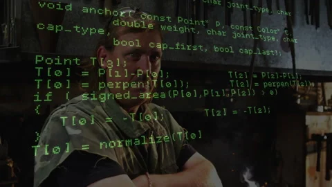 Blacksmith standing green C++ code scrolling torso illustrating geometry Stock Footage 310728409