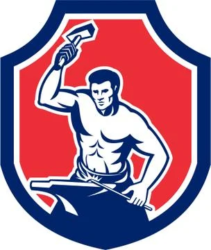 Blacksmith striking anvil with hammer shield Stock Illustration