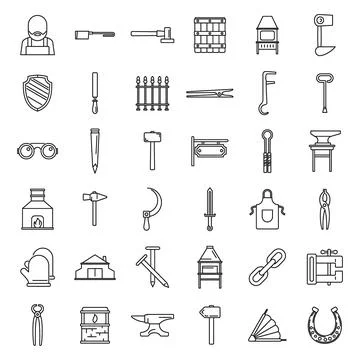 Blacksmith tools icons set, outline style Stock Illustration