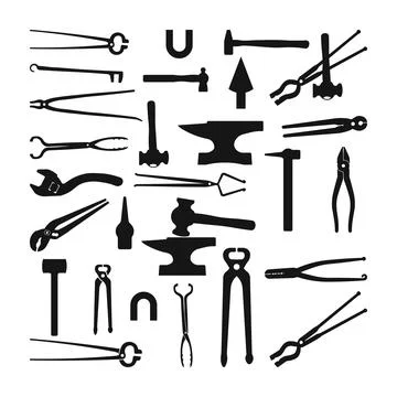 Blacksmith Tools Silhouette Set, Forging tools signs collection isolated Stock Illustration
