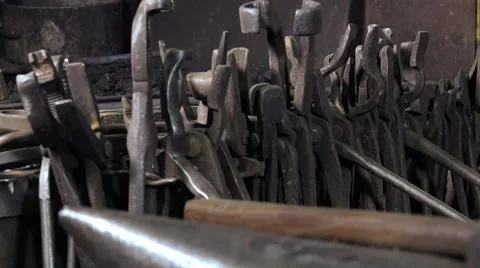 Blacksmith tools in a workshop Stock Footage 58144673