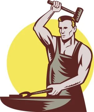 Blacksmith worker with hammer and anvil Stock Illustration
