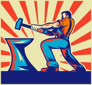 Blacksmith worker with hammer and anvil Stock Illustration