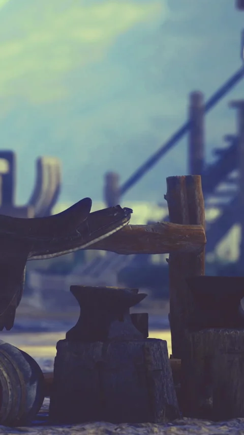 Blacksmith working on metal at a forge in a workshop setting Stock Footage 334260952