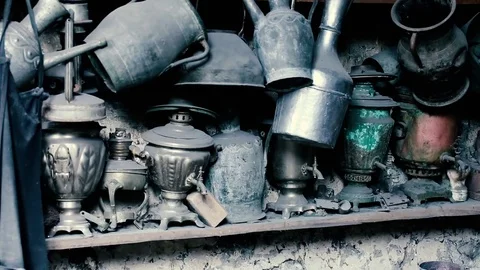 Blacksmith workshop and many hand made copper dishes, Lahich, Azerbaijan Stock Footage 81473829