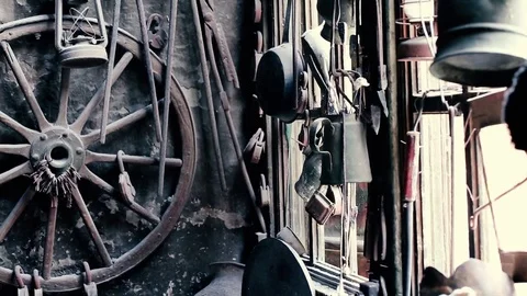 Blacksmith workshop and many hand made copper dishes, Lahich, Azerbaijan Stock Footage 81473921