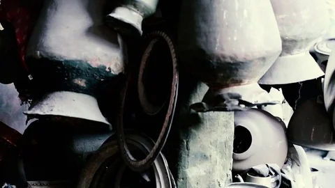 Blacksmith workshop and many hand made copper dishes, Lahich, Azerbaijan Stock Footage 81474066