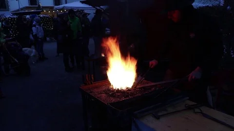 Blacksmiths coals burning for iron work Stock Footage 83475943