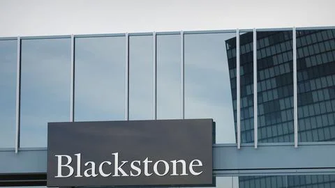 Blackstone Group Stock data presented on the logo of the office facade editorial Stock Photos