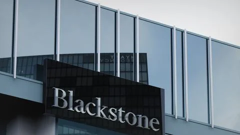 Blackstone Group Stock data presented on the logo of the office facade editorial Stock Photos
