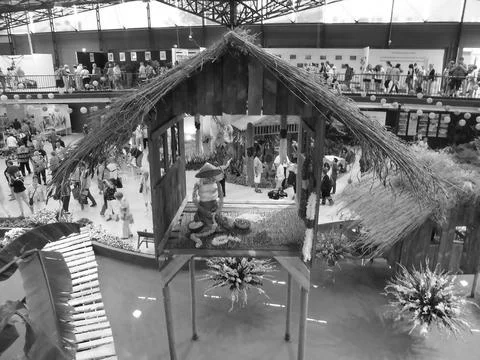Blackwhite image - Front view on Malay village house replica at Flora Exposition Stock Photos