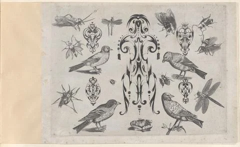 Blackwork Designs with Birds and Insects, Plate 2 from a Series of Blackwor.. Stock Photos