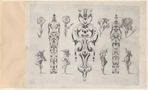 Blackwork Designs with Flowers and Commedia dell'Arte Figures, Plate 4 from.. Stock Photos