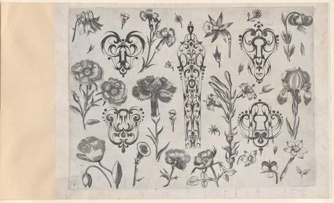 Blackwork Designs with Flowers, Plate 6 from a Series of Blackwork Ornament.. Stock Photos