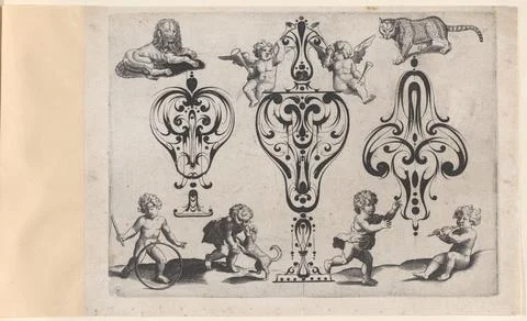Blackwork Designs with Putti and Felines, Plate 8 from a Series of Blackwor.. Stock Photos