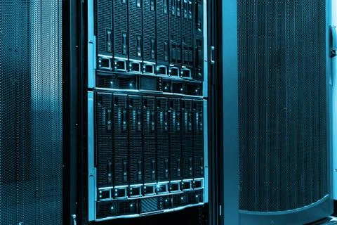 Blade server close-up in series of mainframes in data center Stock Photos