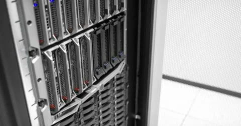Blade servers in large enterprise datacenter Stock Photos