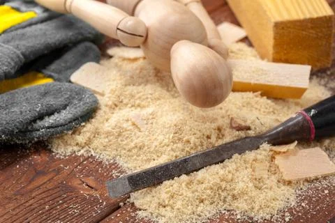Blade of sharp chisels with sawdust Stock Photos
