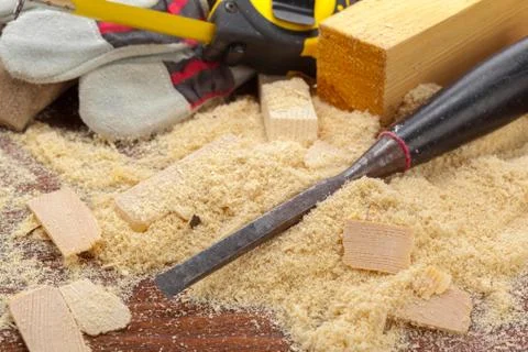 Blade of sharp chisels with sawdust Stock Photos