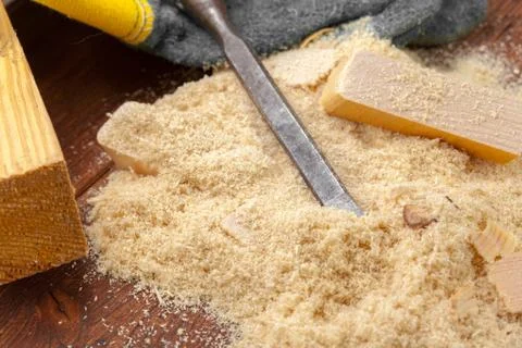 Blade of sharp chisels with sawdust Stock Photos