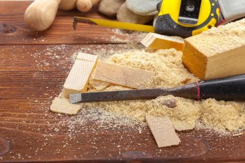 Blade of sharp chisels with sawdust Stock Photos