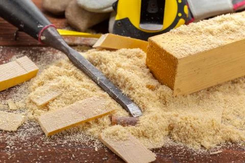 Blade of sharp chisels with sawdust Stock Photos