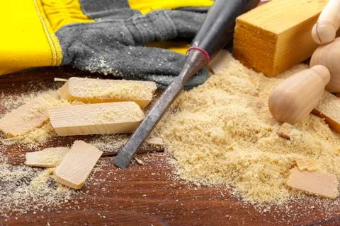 Blade of sharp chisels with sawdust Stock Photos
