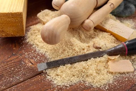 Blade of sharp chisels with sawdust Stock Photos