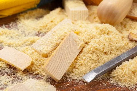Blade of sharp chisels with sawdust Stock Photos