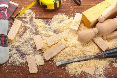 Blade of sharp chisels with sawdust Stock Photos