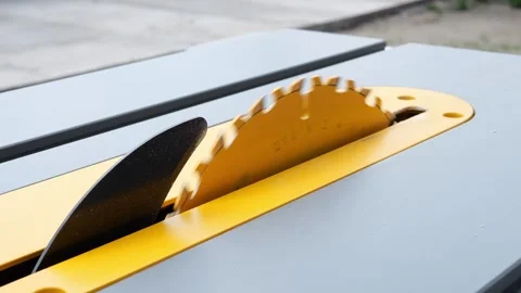 Blade stops rotating, highlighting safety of circular saw. Close-up of Stock Footage 278035313
