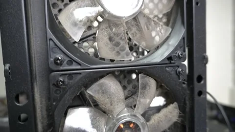 The blades of the computer fan are covered with dust. Stock Footage 328529182