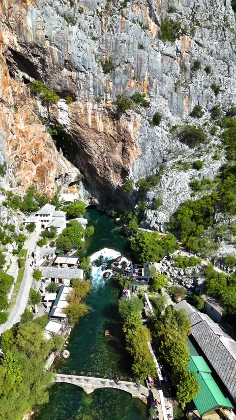 Blagaj tekija dervish monastery and buna river source aerial view Stockbeeldmateriaal 341778500