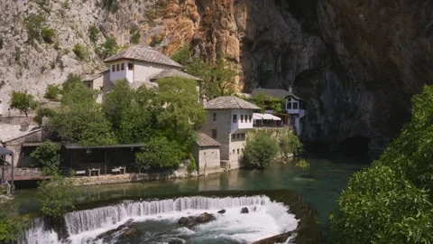 Blagaj Tekke Monastery and Waterfall Beside Buna River in Bosnia and Herzegovina Vídeos de archivo 345205725