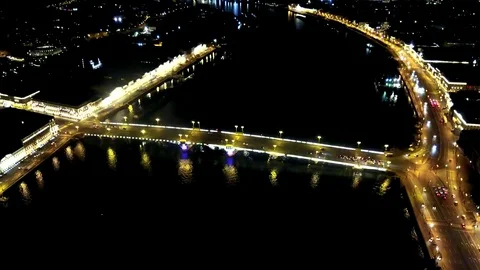 Blagoveshchensky Bridge in St. Petersburg at night. Aerial Timelapse. Stock Footage
