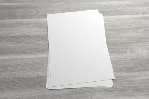 Blank 3D illustration stack of flyer or leaflet on wooden background Stock-Illustration