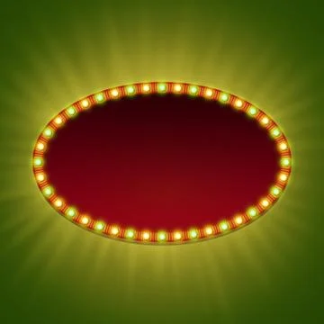 Blank 3d light banner with shining bulbs. Red sign with yellow and green lights. Stock Illustration