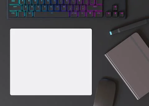 Blank and white computer mouse pad on the desk at home. Mousepad mockup. Copy Stock Illustration