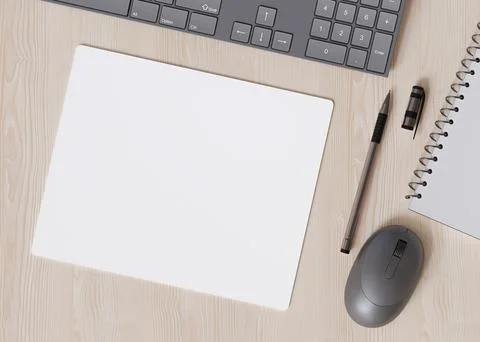 Blank and white computer mouse pad on the desk at home. Mousepad mockup. Copy Stock Illustration