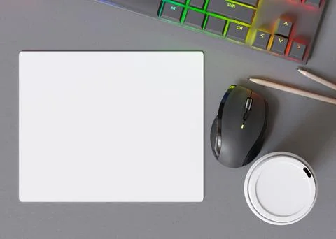 Blank and white computer mouse pad on the desk at home. Mousepad mockup. Copy Stockillustratie