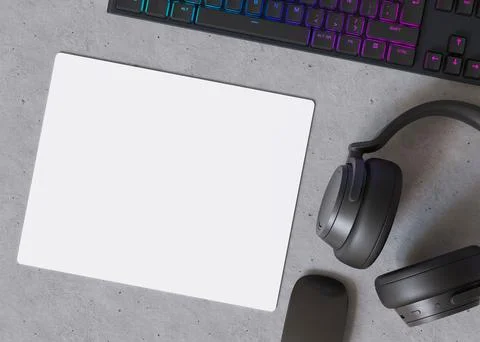 Blank and white computer mouse pad on the desk at home. Mousepad mockup. Copy Stock Illustration