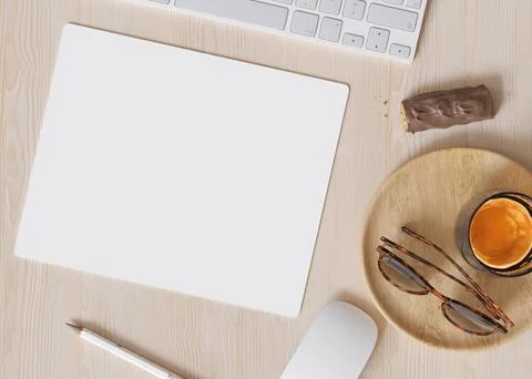 Blank and white computer mouse pad on the desk at home. Mousepad mockup. Copy Stock Illustration