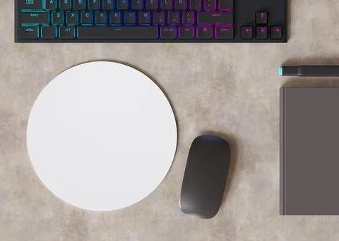 Blank and white, round computer mouse pad on the desk at home. Mousepad mockup Stock Illustration